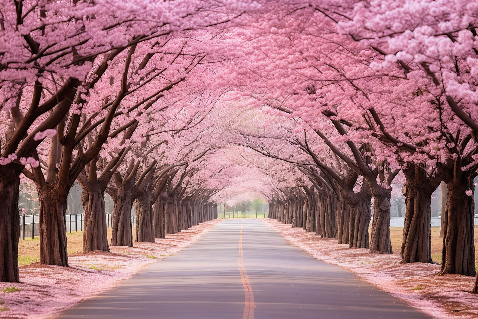 road lined with pink flowering trees